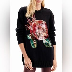 Desigual X Christian Lacroix Oversized Sequin Pullover Sweater Floral Black Sz M